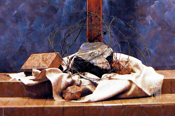 Day 4. Decorated church for Lent this morning. This is the base of a cross we put up. Photo treated as a painting.