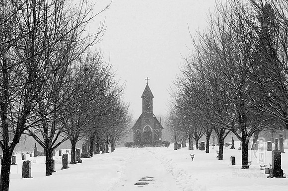 Day 1. My birthday. This is the chapel in Sacred Heart Cemetery near our home. My photo-a-day year begins snowy.